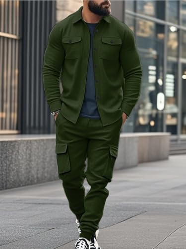 Men's Fleece Cargo Jacket Tracksuit Set 2 Pieces Solid