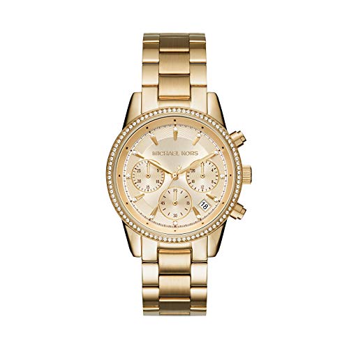 Michael Kors Reloj para Mujer Ritz, movimiento cronógrafo de cuarzo, caja de acero inoxidable dorado de 37 mm con correa de acero inoxidable, MK6356