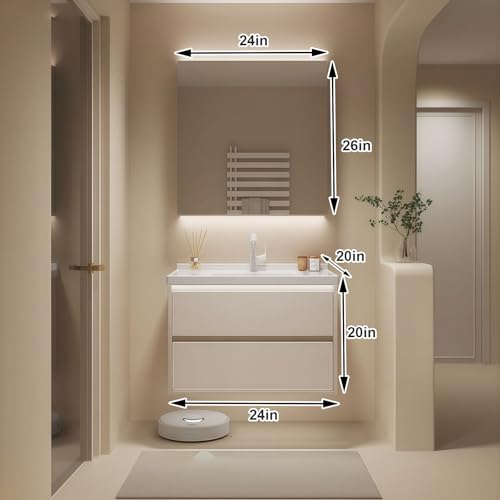 Modern Wall Mounted Floating Bathroom Vanity with Integrated Ceramic Sink, No Assembly Required, Hanging LED Intelligent Lighted Sensor and Demisting Mirror, Cabinet Spaces