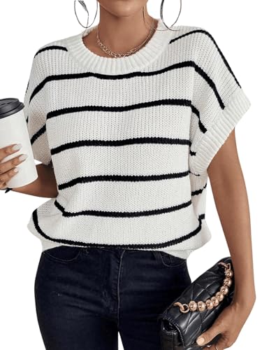 Image of GORGLITTER Women's Striped Short Sleeve Sweater Vest Crew Neck Fashion Trendy 2026 Knit Vest Top Old Money Clothes