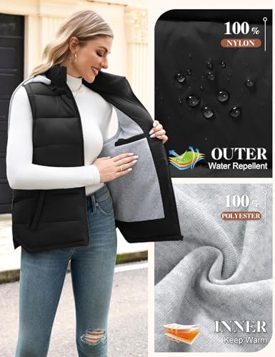 Tuopuda Damen Weste Steppweste Westen Ärmellos Jacke Herbstmantel Damen Kurz Outdoor Vest Gilet mit Kapuze und Taschen(Schwarz,M)
