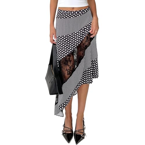 Y2k Women Lace Patchwork Maxi Skirt Long Floral A Line Flowy Midi Skirts Elegant Asymmetrical Going Out Summer