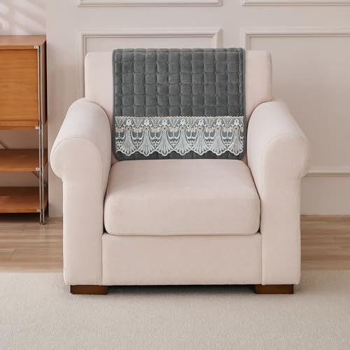 Image of HOKIPO 'BelleLace Series' Imperial Milk Velvet Anti-Slip Sofa Backrest Covers with Lace | 1 Pc - Porpoise Grey (AR-6311-DGRY*1S)