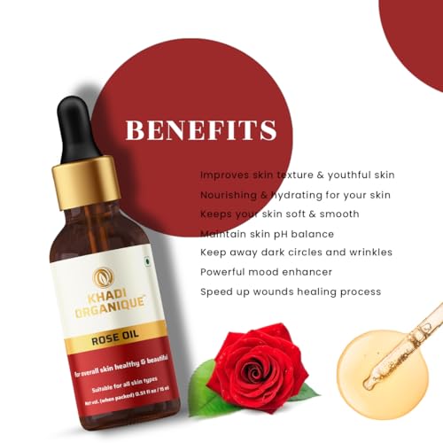 Image of Khadi Organique Rose Essential Oil for Hair Growth, Acne & Blemishes Control | 100% Pure & Natural Oil for Skin, Body, Diffuser, Aromatherapy & Relaxation | For Women & Men of All Skin Types - 15ml