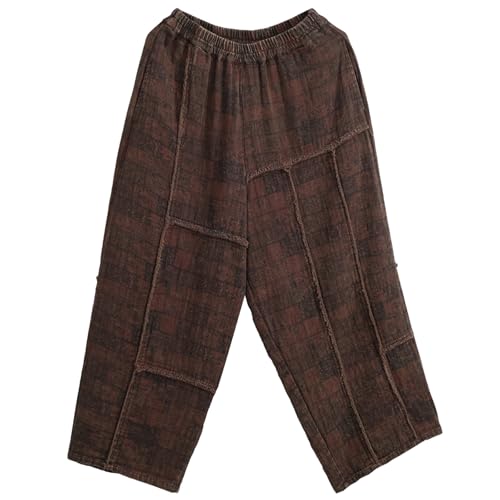 LUZU JUNU Women's Cotton Loose Patchwork Wide Leg Casual Lounge Vintage Boho Cropped Pants with Pocket