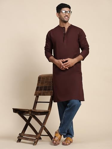 Image of Amazon Brand - Anarva Men's Cotton Solid Round Neck Kurta Long Sleeves Straight Knee Length Casual Shirt