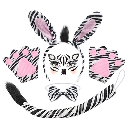 MLPKOI 5 unidades disfarce animais, disfarce com fecho, zebra diadema adesivo estampado de zebra cauda luvas de zebra gravata, acessórios de cosplay para crianças Halloween cosplay carnaval festa