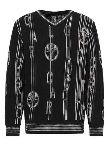 Carlo Colucci Strickpullover mit Schriftzug und V-Ausschnitt Schwarz M