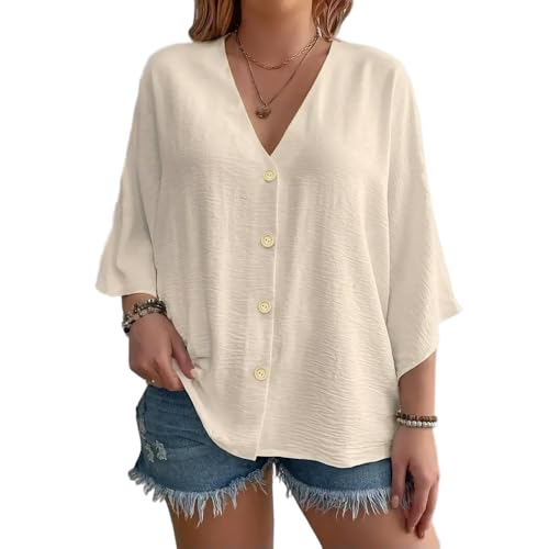T-shirt femme grande taille col V vêtement été uni chic décontracté