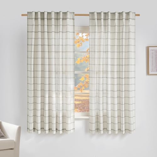 NICETOWN Buffalo Plaid Curtains 63 inch Long, Farmhouse Rustic Linen Window Treatment Covering for Laundry Bedroom Living Room Window Cafe Curtains, 1 Pair, 52" W x 63" L, White