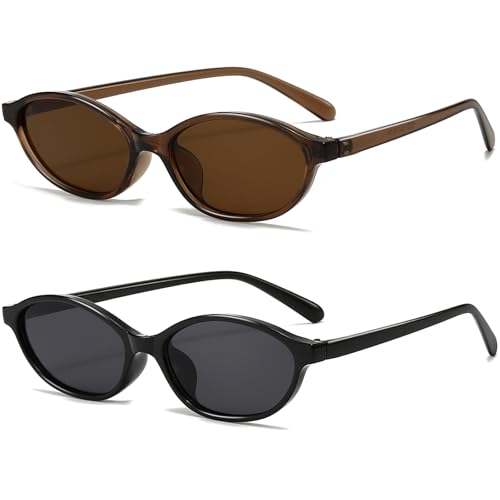Retro Oval Sunglasses for Women Trendy Oval Narrow Cat Eye Sunnies 90s Vintage Shades (Brown/Brown+Black/Grey)