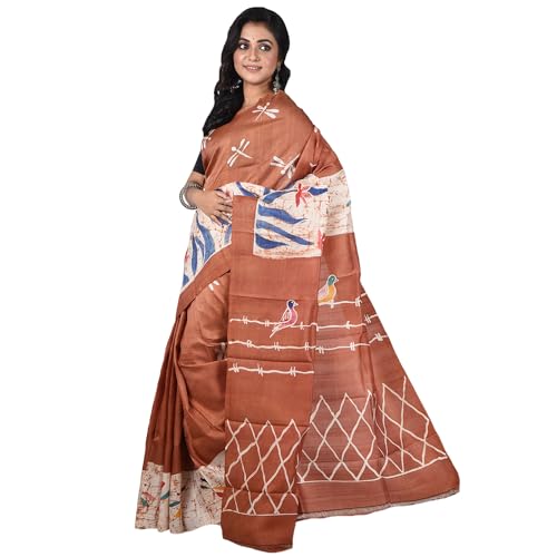 Image of 3stones Women's Mulberry Silk Saree | Printed Handwoven, Hand Batik Pure Saree with Unstiched Blouse Material Piece | Suitable for All Indian Weddings & Festivals | Traditional flower Prints