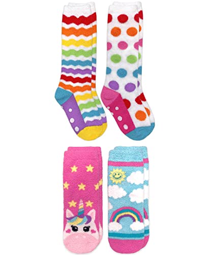 Jefferies Socks Girls Fuzzy Rainbow Animal Pattern Non Skid Slipper Socks 4 Pack