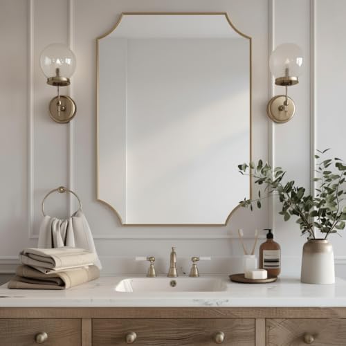 Image of 12x18 Inch Gold Scalloped Vanity Mirror - Brushed Antique Finish with Anti-Rust Plastic Frame, Elegant Wall-Mounted Bathroom Mirror for Home Decor & Remodel