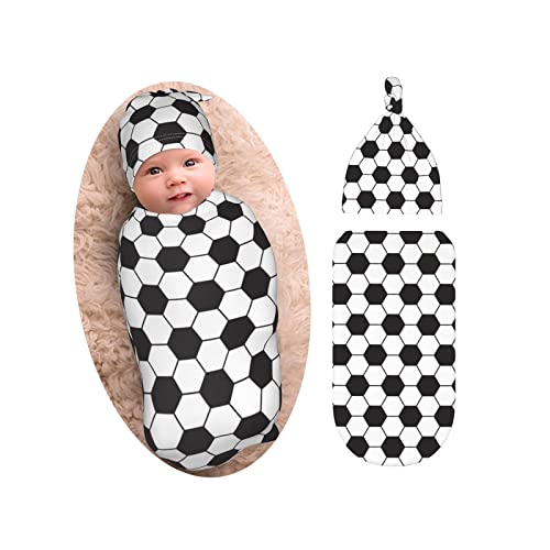 Image of Soccer Baby Stuff Swaddle Blanket with Beanie Set, Soft and Stretchy Soccer Print Baby Blanket Swaddle Sack for Boy and Girl