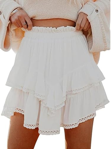 Women's Summer Skorts Casual Layered Ruffles Solid High Waist Mini Skirts (White, S)