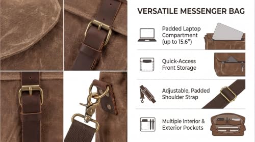 Men's Messenger Bag 15.6 inch Laptop Bag, Vintage Waxed Canvas and Genuine Leather Briefcase, Waterproof Business Shoulder Satchel, Large Computer Bag for Office, College & Travel by peacechaos - Used condition - Image 5