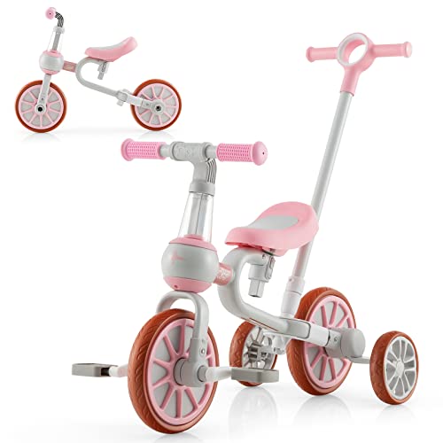 COSTWAY 5 en 1 Tricycle Bébé Evolutif avec Putter Parentale, Draisienne Vélo Bébé avec Siège Réglable, Guidon Réversible, Vélo d’équilibre pour Tout-Petits de 2 à 4 Ans (Rose)