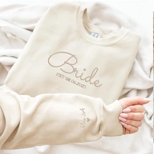 GodLover Personalized Embroidered Bride EST Sweatshirt, Custom Mrs. Last Name On Sleeve,Mrs Bride And Groom Engagement Wedding Gifts, Future Mrs Hoodie, Engagement Gift Black3