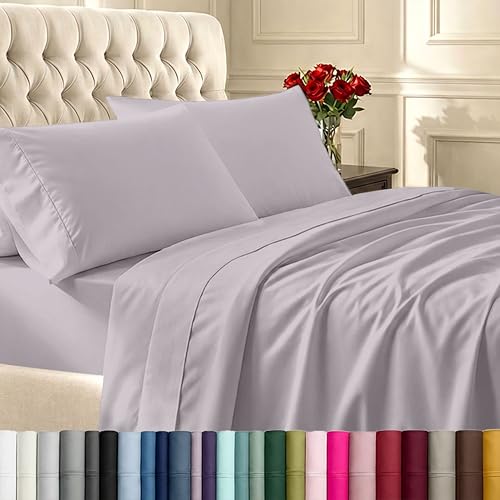 California Design Den Queen Sheet Set - Soft 400 Thread Count Sateen, Natural 100% Cotton Sheets for Queen Size Bed, Deep Pockets for a Snug Fit, Durable Bedding Set - Dusky Lavender Grey