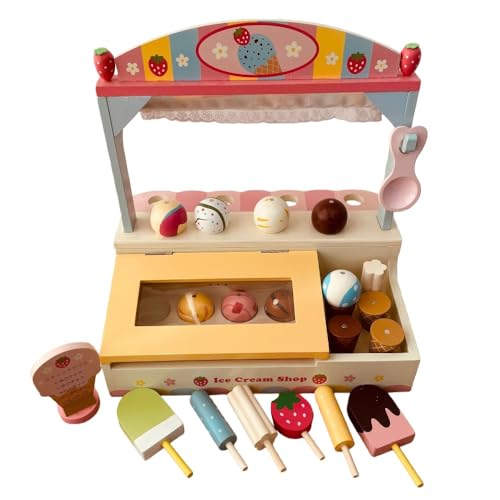SIzlahoおままごとセット木のおもちゃ木製アイスクリームショップ台所知育玩具子供用おままごとセット組立式ごっこ遊び親子遊び誕生日プレゼント入園お祝い (青いアイスクリームスタンド)