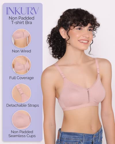 Image of INKURV Women's Non Padded Wireless T-Shirt Bra with Seamless Cups and Detachable Straps Combo of 2