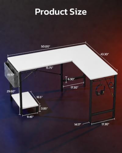 Image of Simple Deluxe L-Shaped Corner Desk with PC Stand, Storage Bag & Hooks - Reversible, Sturdy Steel Frame, Waterproof Top, 4 Colors (White)
