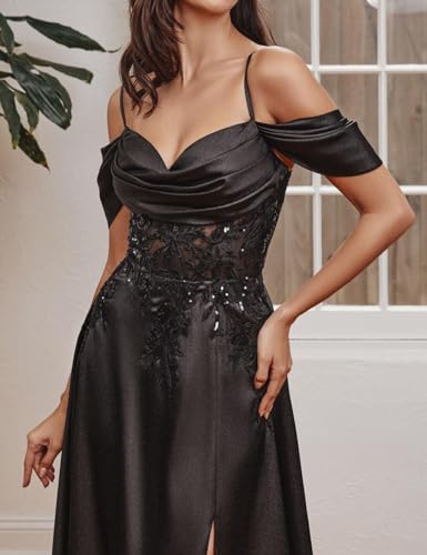 ISABUFEI Satin Formal Evening Gowns - A-Line Long Wedding Guest Dresses Off Shoulder Prom Dress3