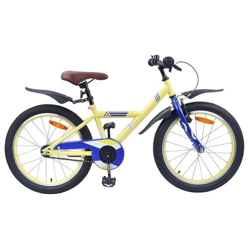 Runheo Bicicleta infantil de 18 pulgadas, color amarillo para 5 – 7 años, marco de acero con manillar ajustable y asiento, guardabarros, freno de contrapedal, bicicleta ligera de dos ruedas, ideal