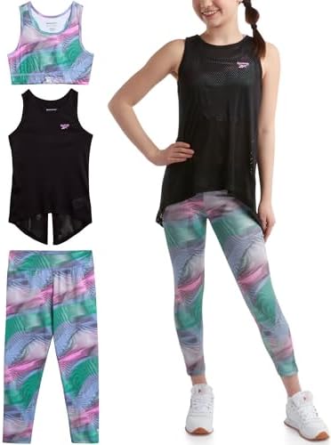 Reebok Girls’ Active Leggings Set – 3 Piece Mesh Shirt, Capri Leggings, and Crop Cami Sports Bra – Summer Activewear (7-12)