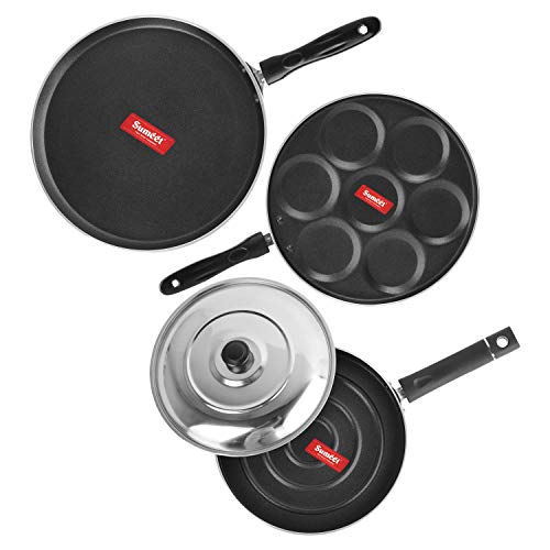 Image of Sumeet Aluminium 2.6 mm Thick Non-Stick Rory Combo Set (Red, Dosa Tawa 26.5 cm Dia , Multi Snack Maker 26.5cm Dia, Pizza Pan 23 cm Dia)