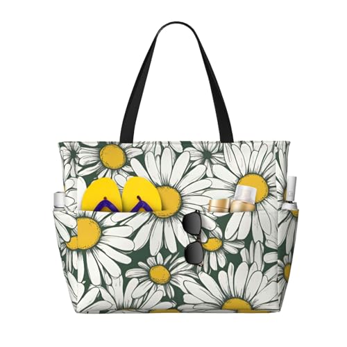 Fashion White Daisy Print Beach Bag Waterproof Beach Totes Bags For Women, Lightweight Foldable Pool Bag With Zipper Wet Compartment
