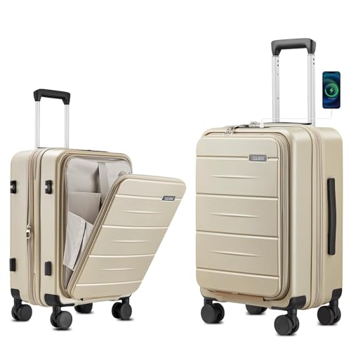 cllson Carry On Luggage with Top Opening Expandable with Laptop Compartment and USB Charging Port Lightweight with Front Pocket Rolling Suitcases with Spinner Wheels (Khaki 20 Inch)