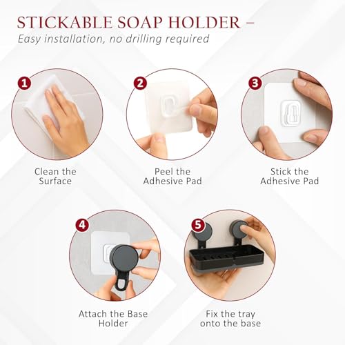 Image of Plastic Self-Adhesive Soap Holder for Bathroom with Removable Drain Tray | Wall Mount No Drill Stickable Long Soap Stand for Kitchen Sink | Black