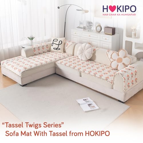 Image of HOKIPO Autumn Blossom L Shape (3+2 Seater) Sofa Seat Mat with Tassel| Quilted Sofa Cover Mat, 'Tassel Twigs' Series (IN-984-T5 + IN-986-T5)