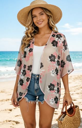 Image of FINOCEANS Womens Floral Chiffon Kimono Cardigans Loose Beach Cover Up Half Sleeve Tops