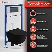Lavita Duofix Basic Vorwandelement + Wand Tiefspül WC Brava Schwarz Spülrandlos Spülsystem + WC Sitz mit Absenkautomatik + Bedienplatte Delta 25 Schwarzer Knopf Komplettset Unterputz Toilette WC – Ansicht 2