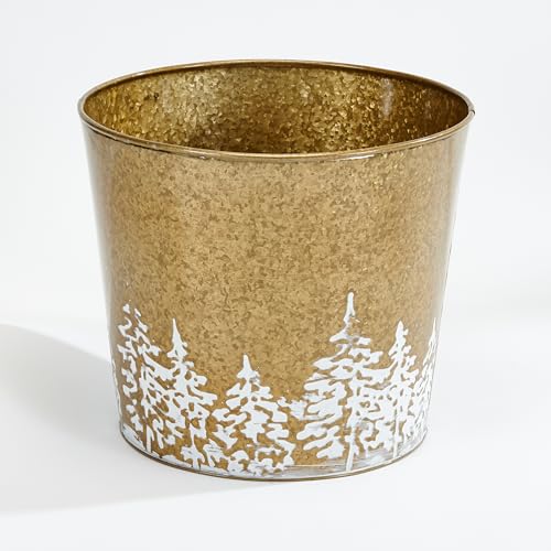 Worth Imports Gold Galvanized Metal Christmas Planter Bucket with Tree