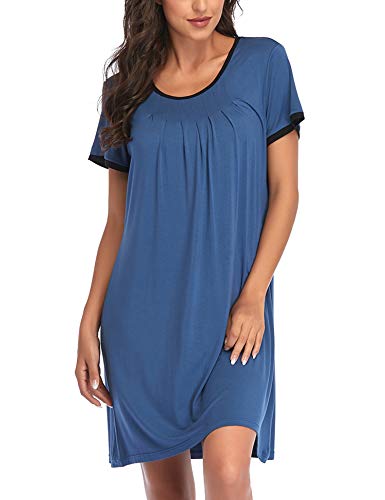 Colorfulleaf Women's Nightgown Short Sleeve Nightshirt Sleep Shirt Comfy Sleepwear Pleated Scoopneck Sleepshirt (Dark Blue, M) #TOP26