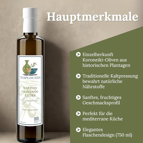 TOPLOUSIO Extra Natives Olivenöl – 750 ml Kaltgepresst, Premium Koroneiki Oliven, Authentisches Griechisches Olivenöl aus dem Antiken Olympia