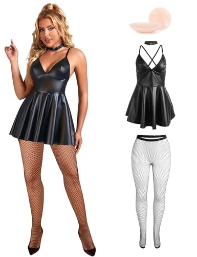 Image of ohyeahlady Women Sexy PU Leather Dress Plus Size Spaghetti Strap Mini Dresses Sleeveless Pleated Steampunk Clubwear