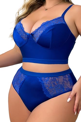 Womens Plus Size 2 Piece Lingerie Set Floral Sexy Mesh Sheer V Neck 3/4 Cup Lace Outfits3