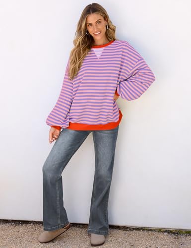 Image of UEU Women Oversized Striped Crewneck Sweatshirt Long Sleeve Color Block Pullover Tops Casual Loose Workout Shirt