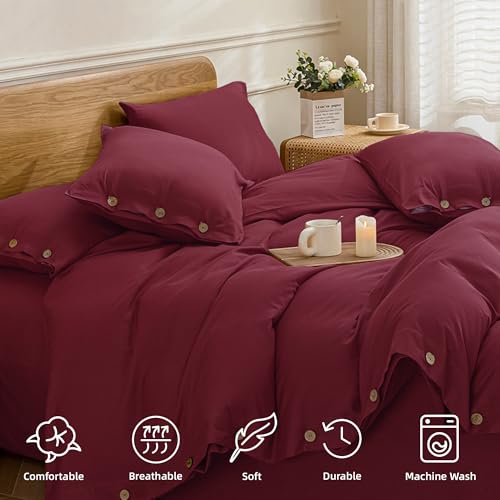 Image of JELLYMONI Cotton Duvet Cover Twin Size - Burgundy Comforter Cover with Button 100% Washed Cotton 2PCS Breathable Soft Solid Bedding Set Duvet Cover 68x90in & 1 Pillowcase (NO Comforter)