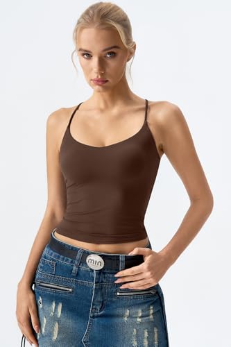 Image of QINSEN Womens Cross Back Tank Top V Neck Double Lined Camisole Top Sleeveless Spaghetti Strap Going Out Tops