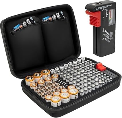 140 Battery Case With Tester | Large Capacity Organiser Storage Case Bag for AAA, AA, 9V Flat, C and D Size Batteries (Not Included)