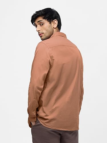 Image of The Souled Store Cotton Linen: Coral Peach Men and Boys Collared Neck Long Sleeves Cotton Solid Regular Fit Everyday Office Wear Trendy Comfortable Summer Ready Cotton Linen Shirts