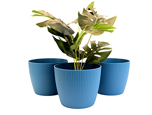 Home Garden Ornaments Plant Pots Indoor 21cm Diameter Set of 3 - Decorative Plant Pot of Navy Blue Colour - Striped Flower Pot – Durable Flower Pots Outside (Ø 21 cm (8.26 inch), Navy Blue)