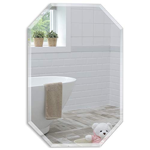 Neue Design Mood® Premium Octagonal Bathroom Mirror, Wall Mounted Bevelled Frameless Mirrors, Hangs Both Ways, Toilet Bedroom Hallway (50cm x 40cm)