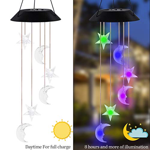 MorTime LED Solar Moon and Star Wind Chime, 25" Mobile Hanging Wind Chime